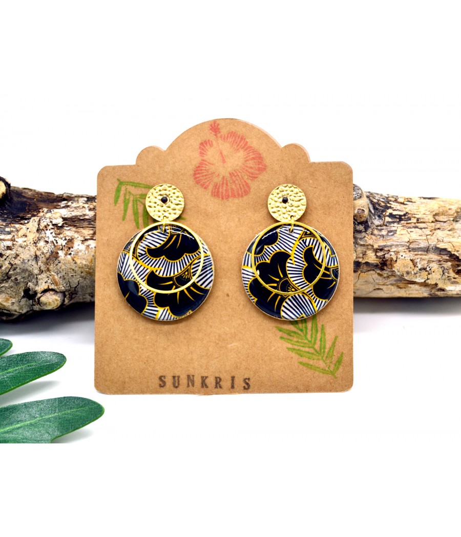 Boucles d'oreilles wax en bois et résine fleurs noires