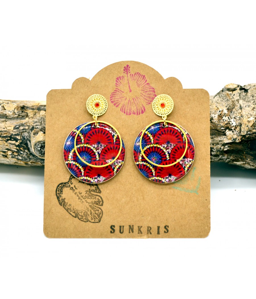 Boucles d'oreilles en bois et papier résiné motif japonais rouge bleu or