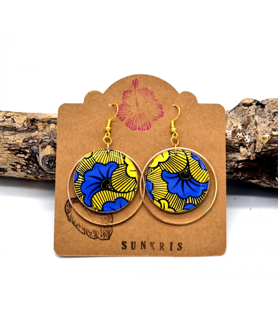 Boucles d'oreilles fleurs wax en jaune bleu et doré