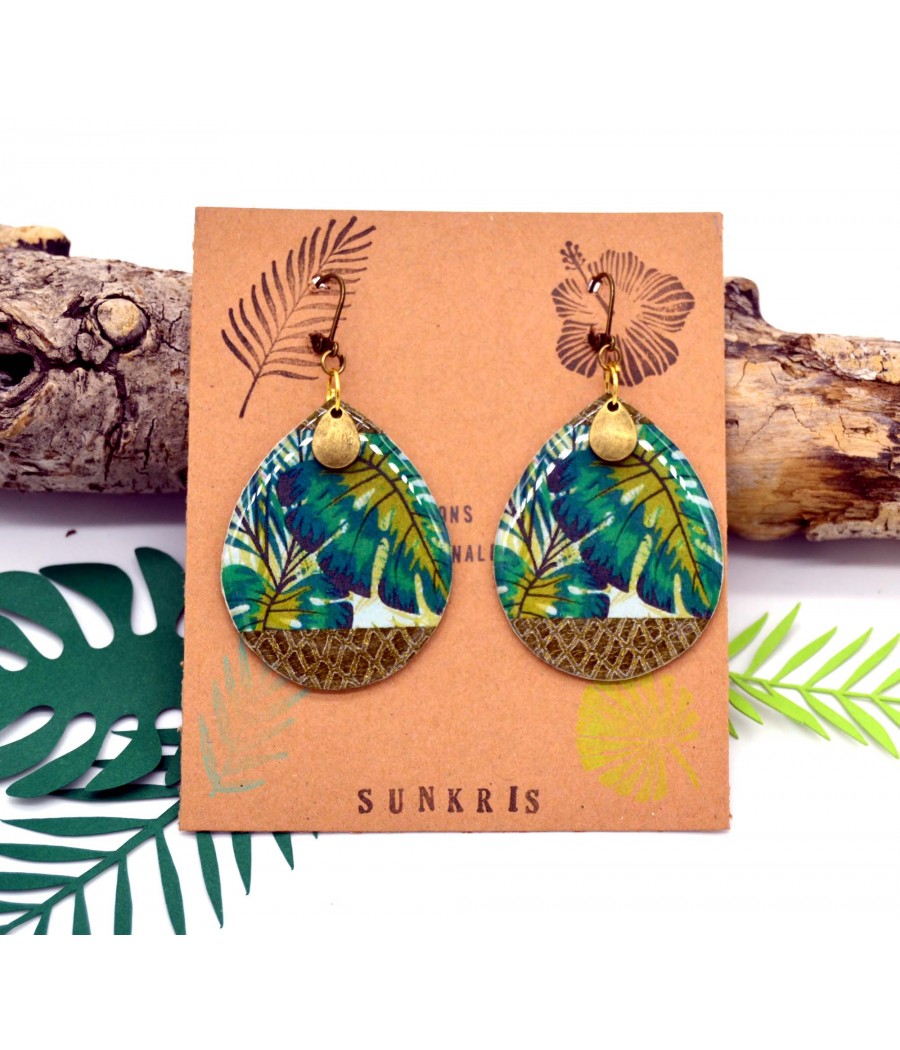 Boucles d'oreilles vertes motif végétation tropicale