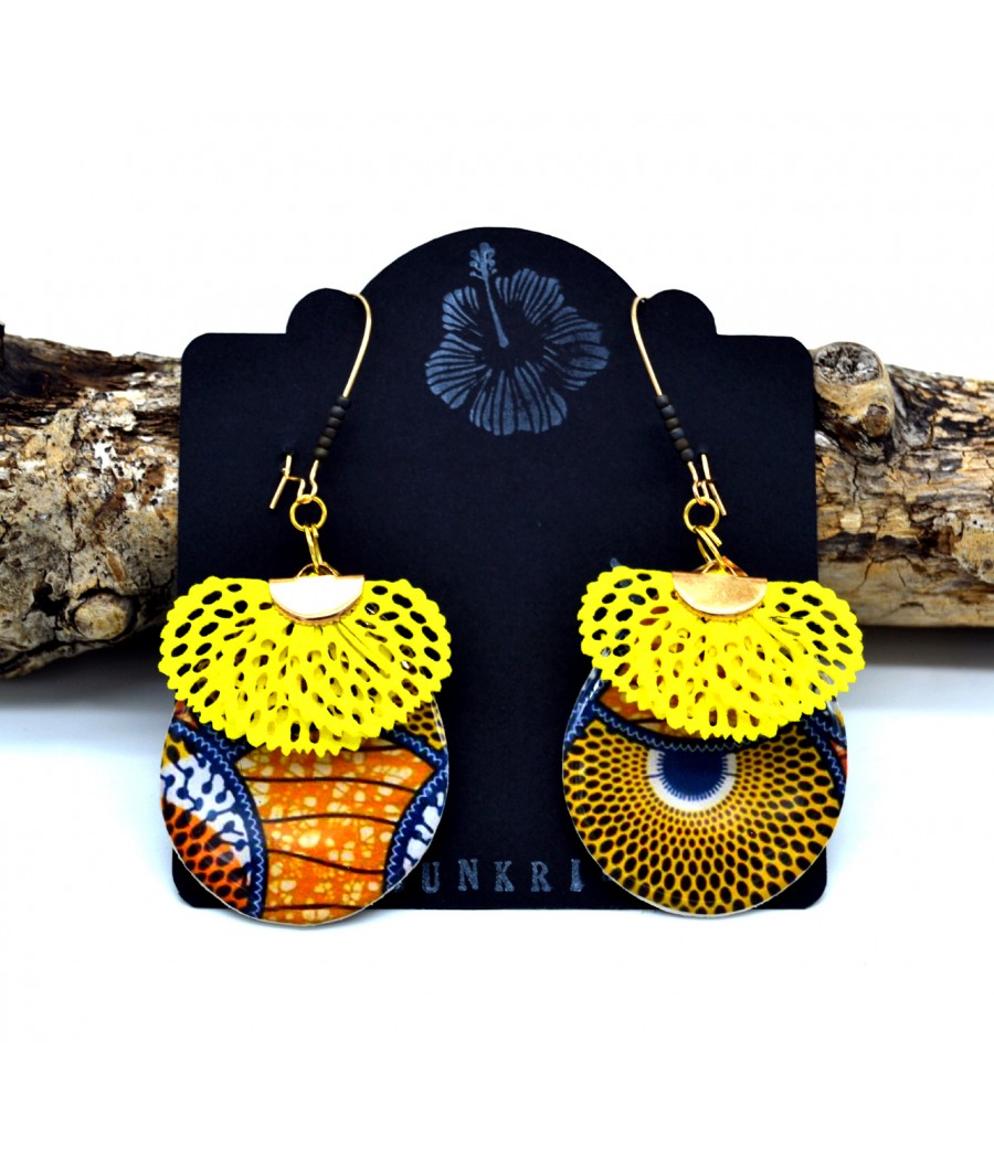 Boucles d'oreilles ethniques en wax orange jaune