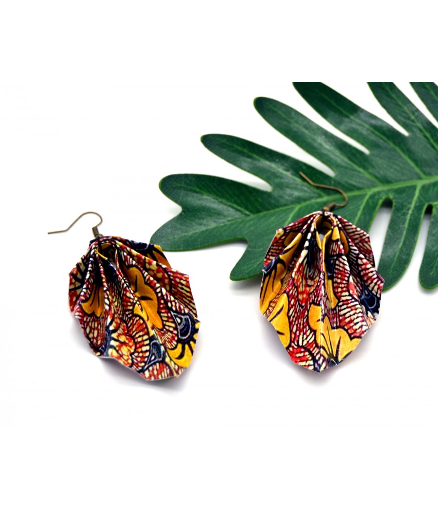 Boucles d'oreilles en origami Wax Africain : Fleur de Mariage Jaune et Orange