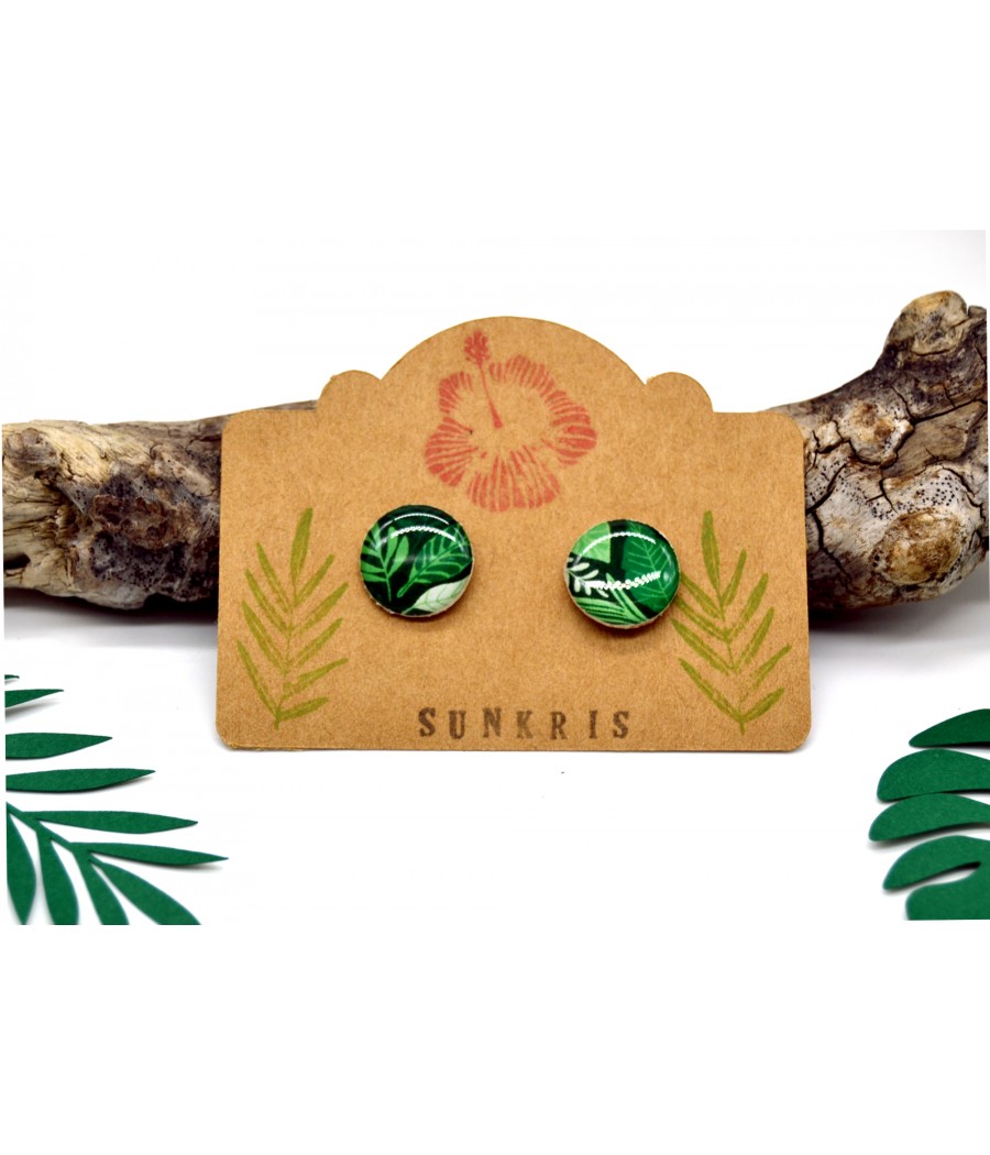 Boucles d'oreilles puces bois & résiné : Feuillage tropical vert émeraude