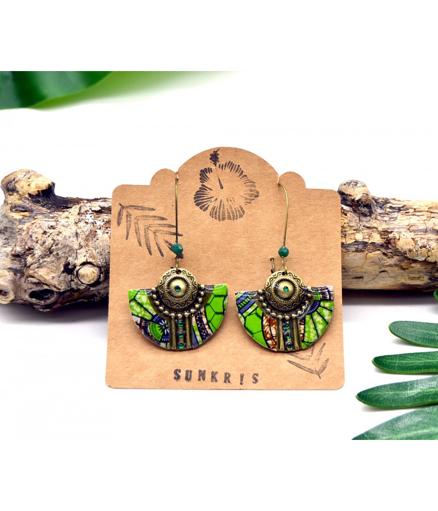 Boucles d'oreilles ethniques vert bronze en résine et métal