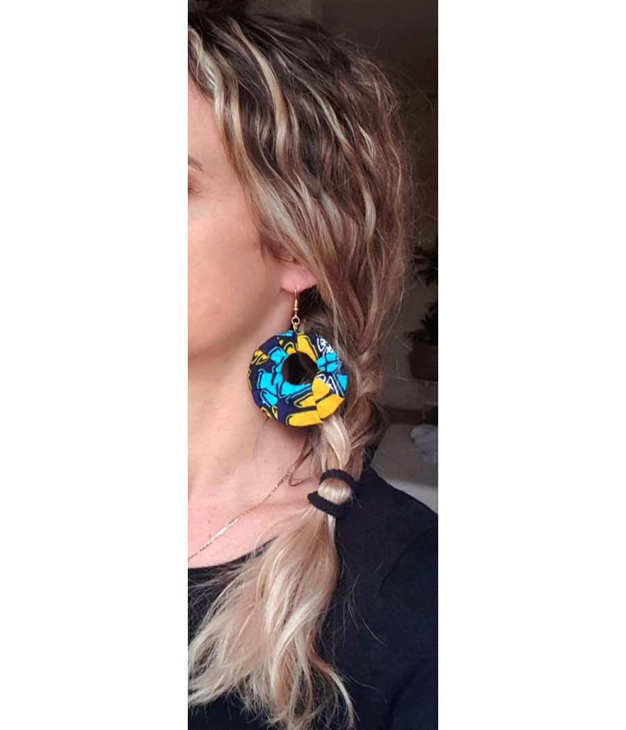 Boucles d'oreilles en tissu wax bleu, jaune