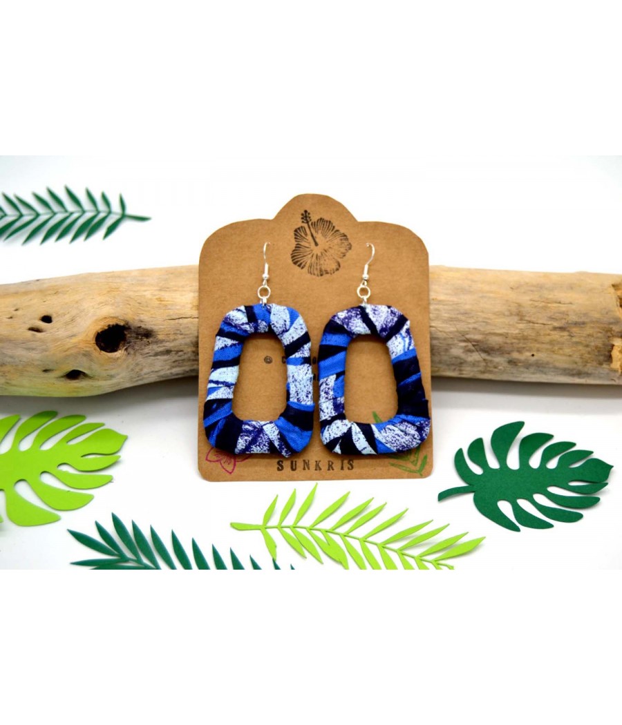 Boucles d'oreilles tissu wax Africain forme rectangle bleu blanc