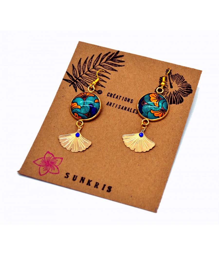 Boucles d'oreilles wax fleurs orange et bleu