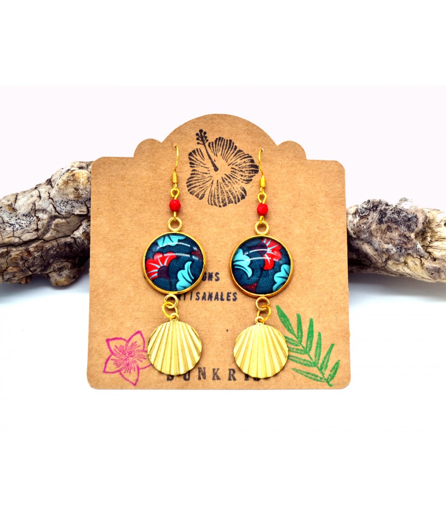 Boucles d'oreilles wax fleurs rouge bleu turquoise