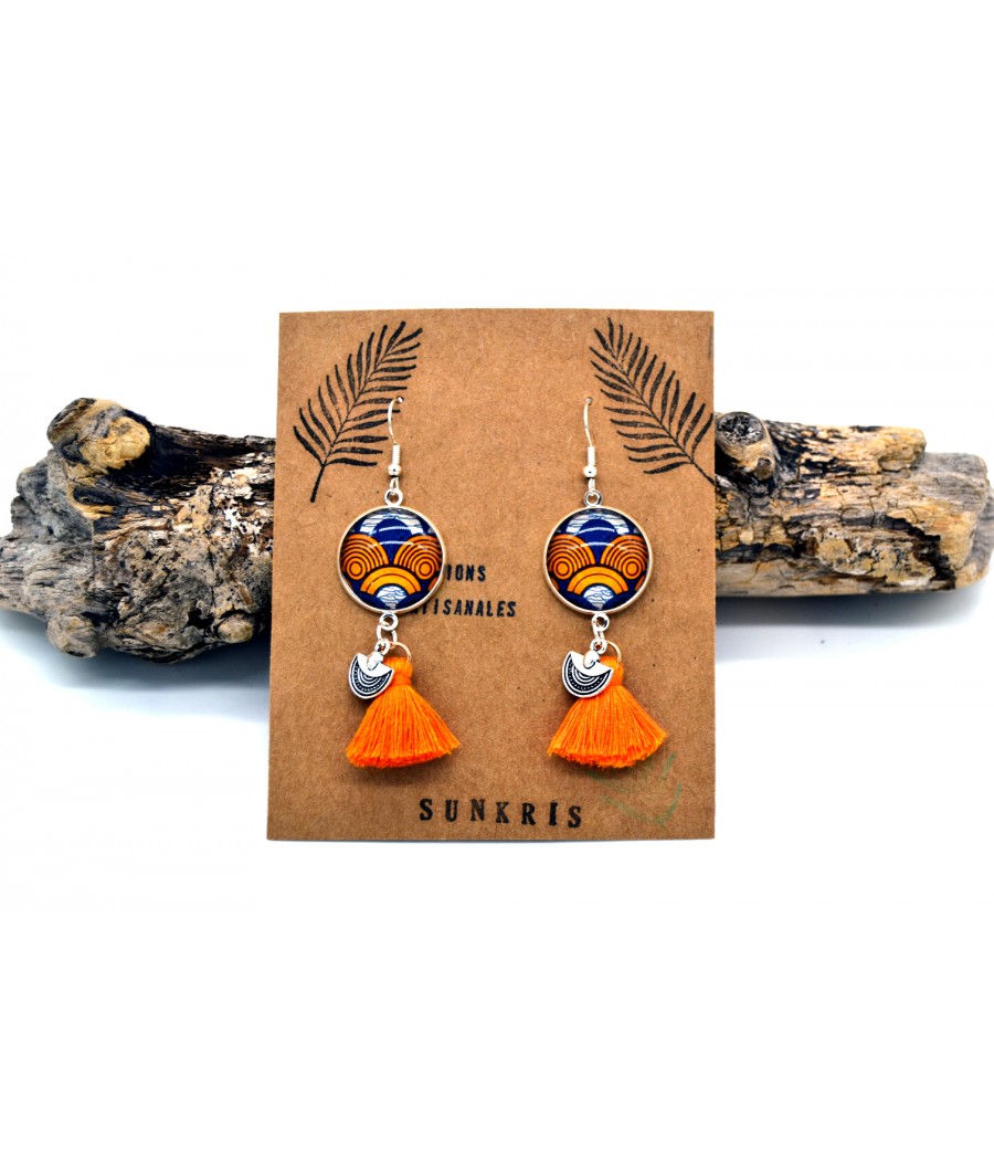 Boucles d'oreilles ethniques en wax orange bleu argent