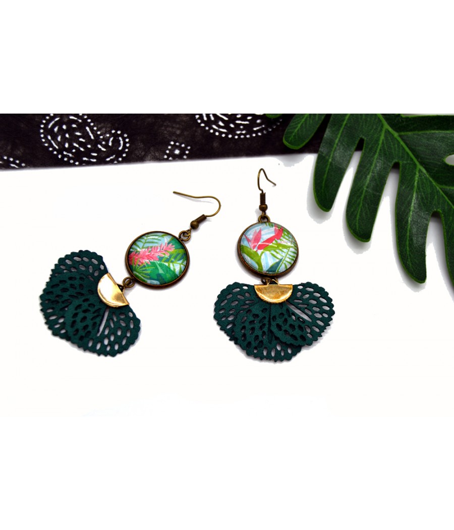 Boucles d'oreilles verte et rose