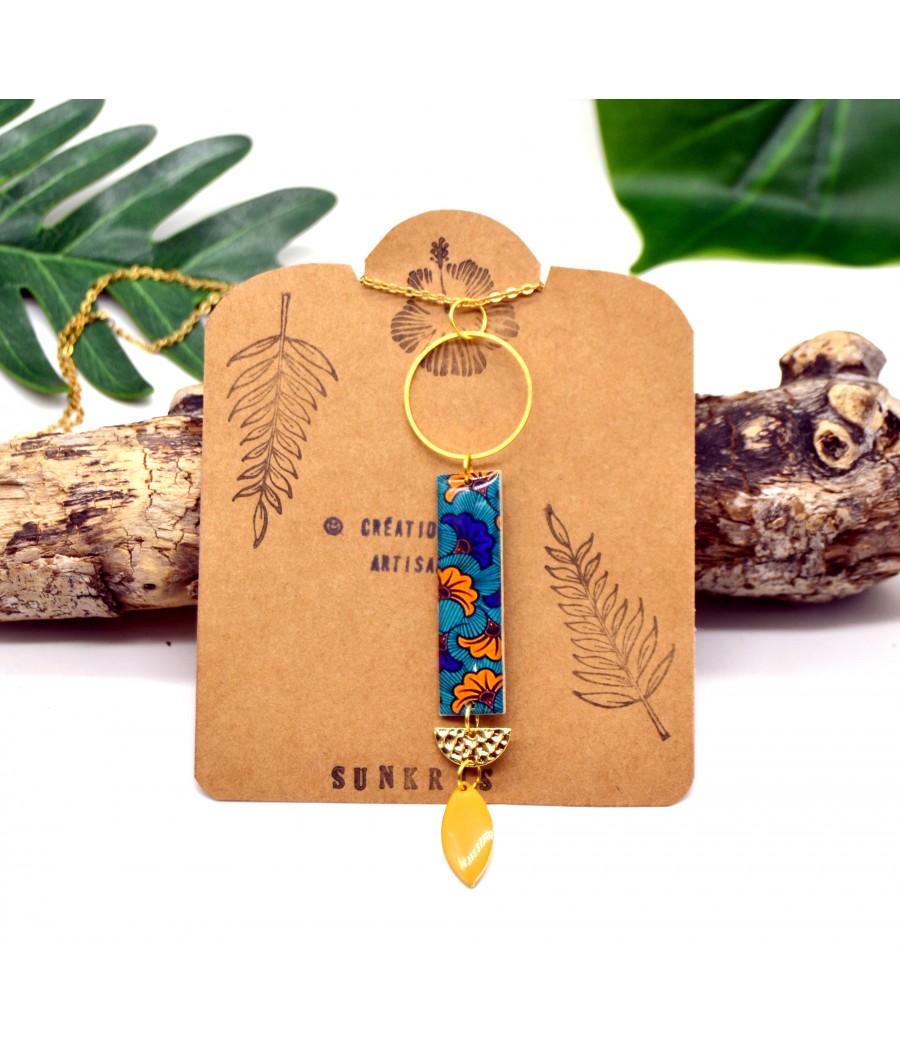 Collier sautoir en bois résine : motif wax fleur bleu orange doré