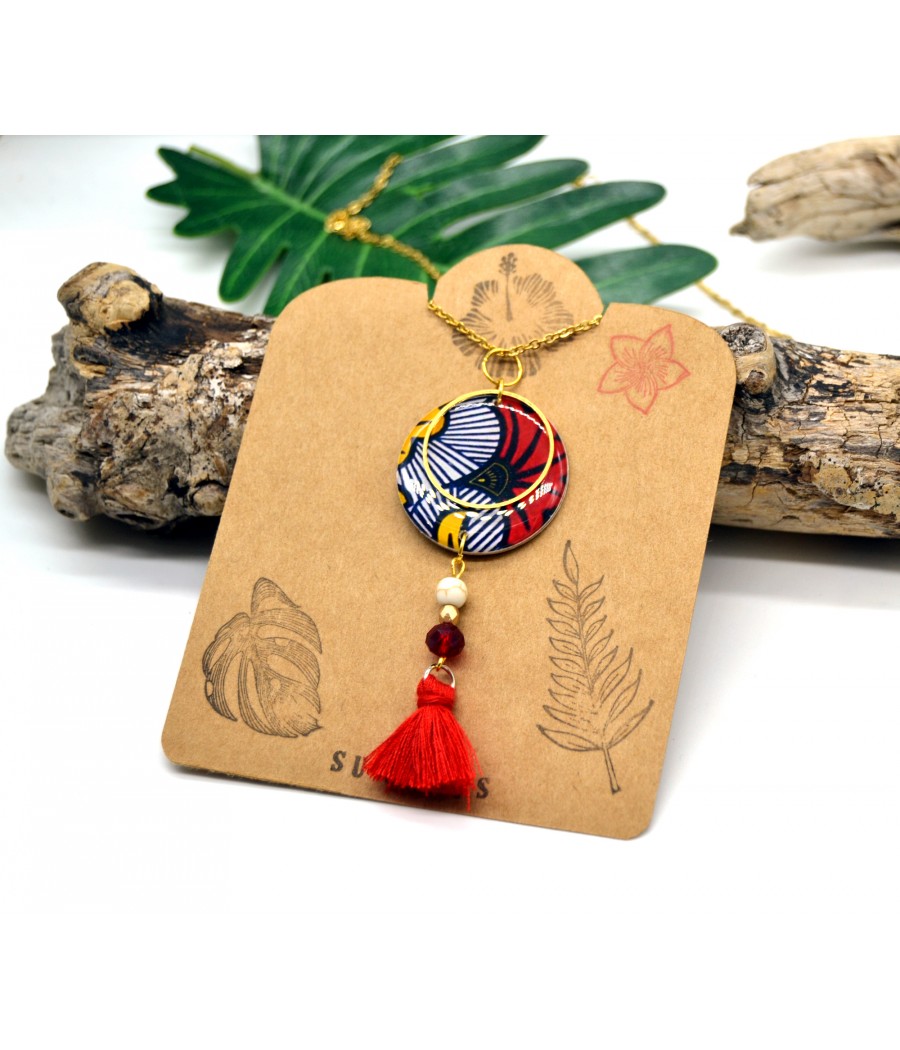 Collier sautoir en bois résine : motif wax fleurs rouge jaune doré