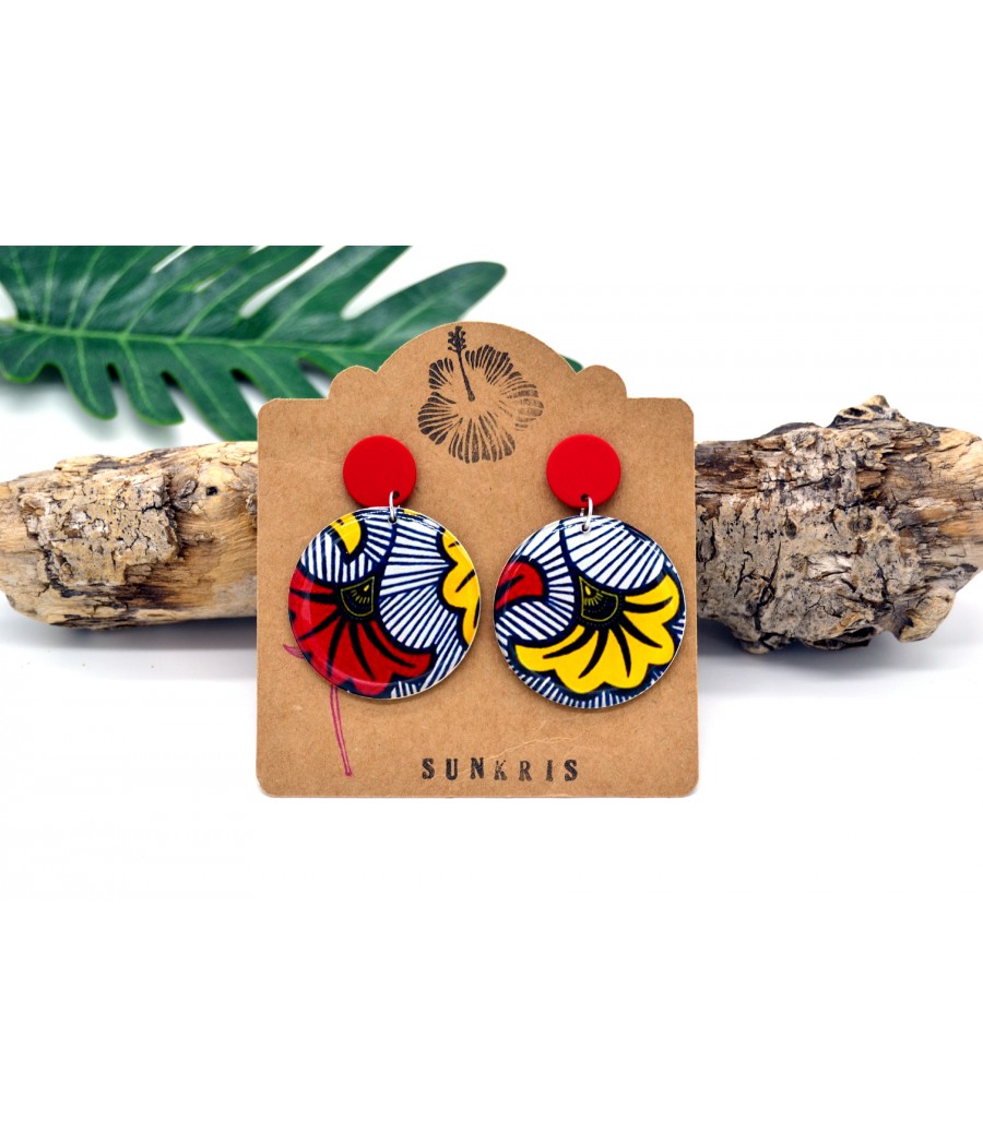 Boucles d'oreilles fleurs rouge jaune