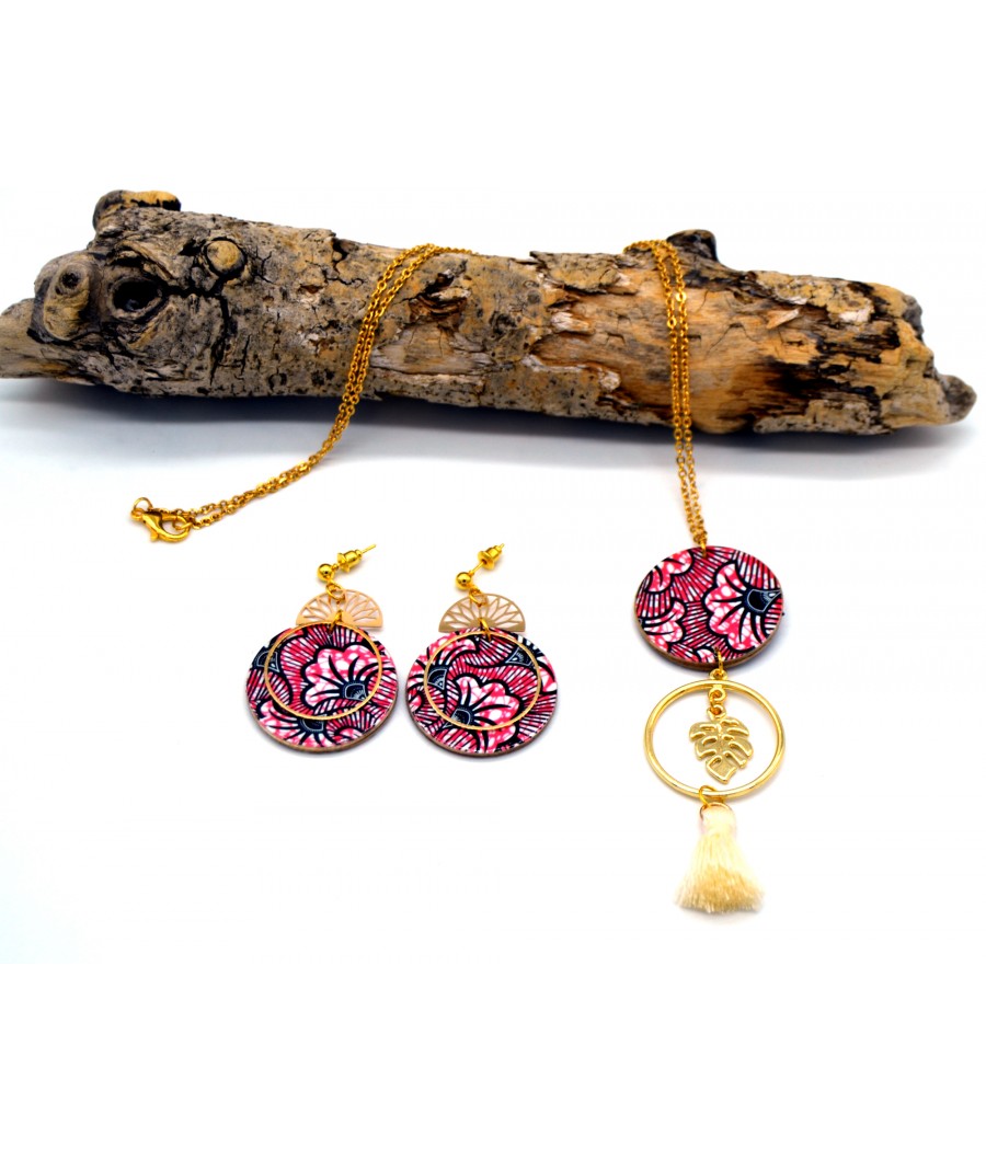 Parure collier et boucles d'oreilles wax rose