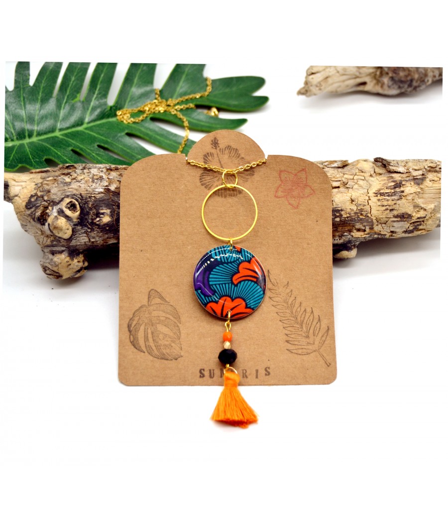 Collier sautoir doré en bois résine : motif wax fleurs orange