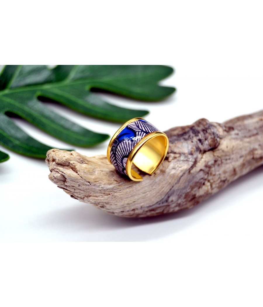 Bague Wax : Motifs Bleu-Blanc, Anneau Ajustable en Laiton Doré