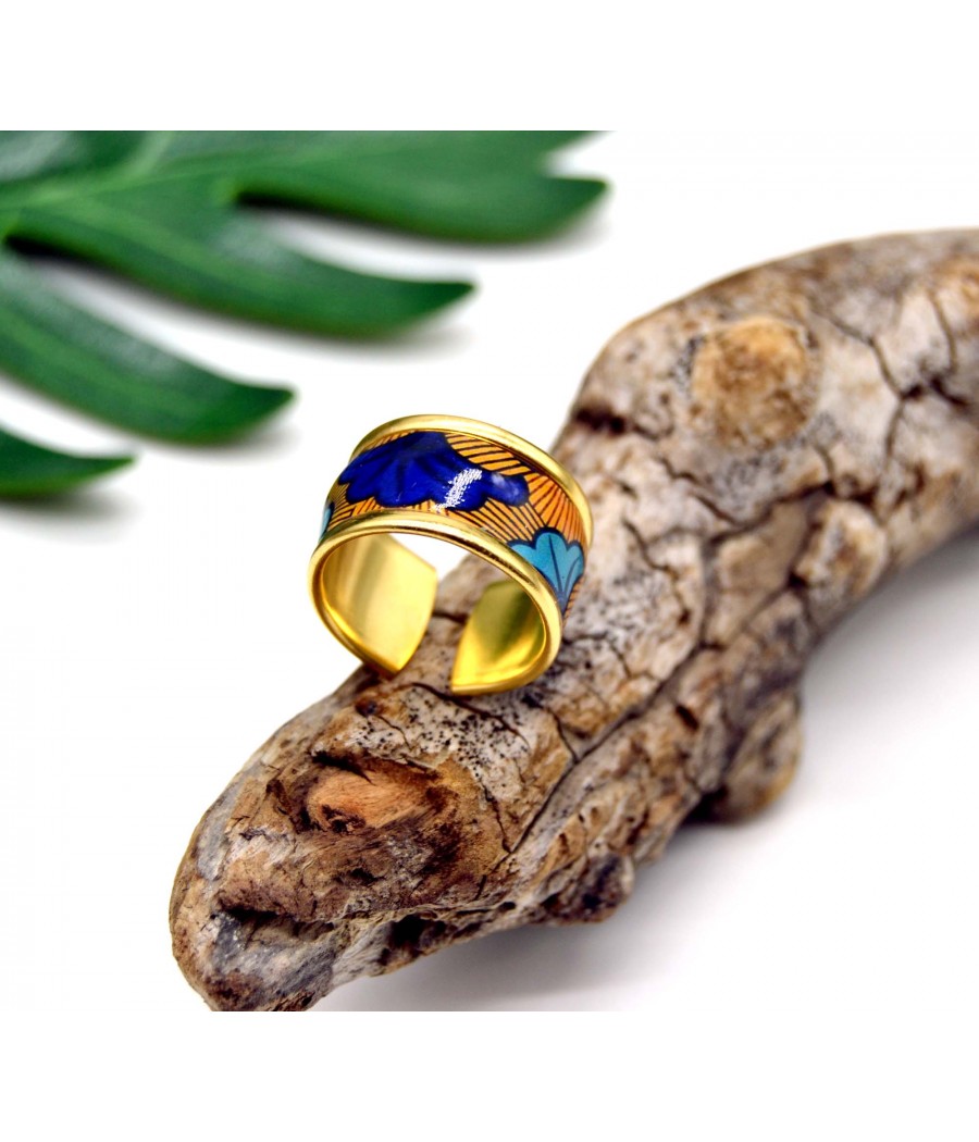 Bague Wax : Motifs Bleu-jaune, Anneau Ajustable en Laiton Doré