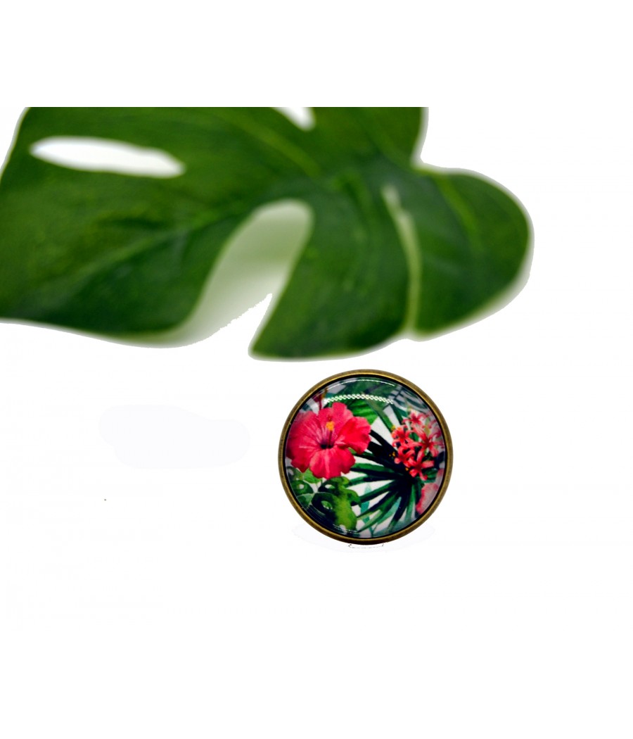 Bague ronde ajustable - Cabochon verre Fleurs tropicales hibiscus fuchsia/vert