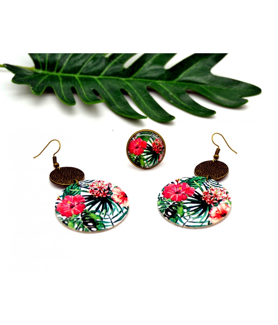 Parure boucles d'oreilles et bague motif hibiscus