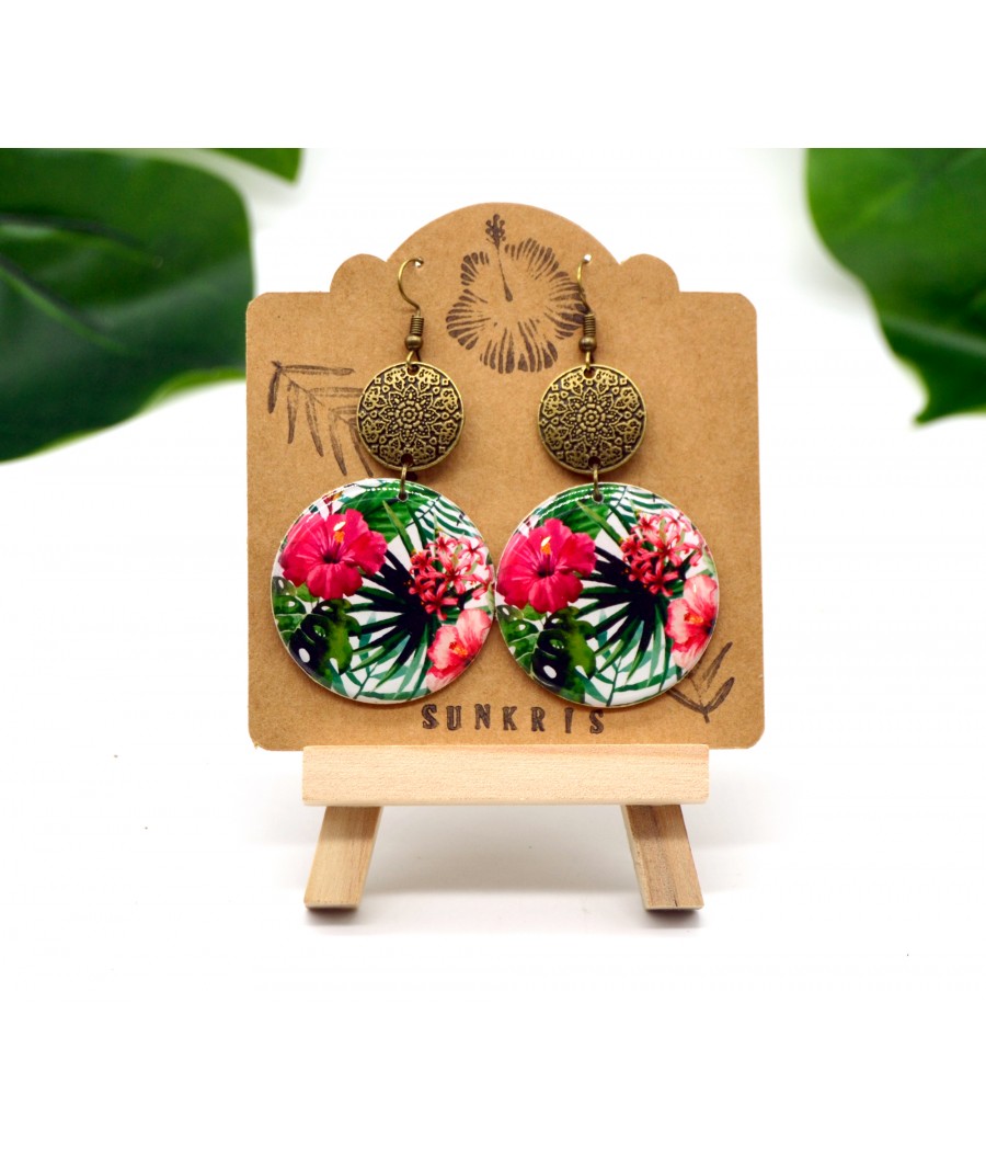 Boucles d'oreilles rondes fleurs tropicales rose vert