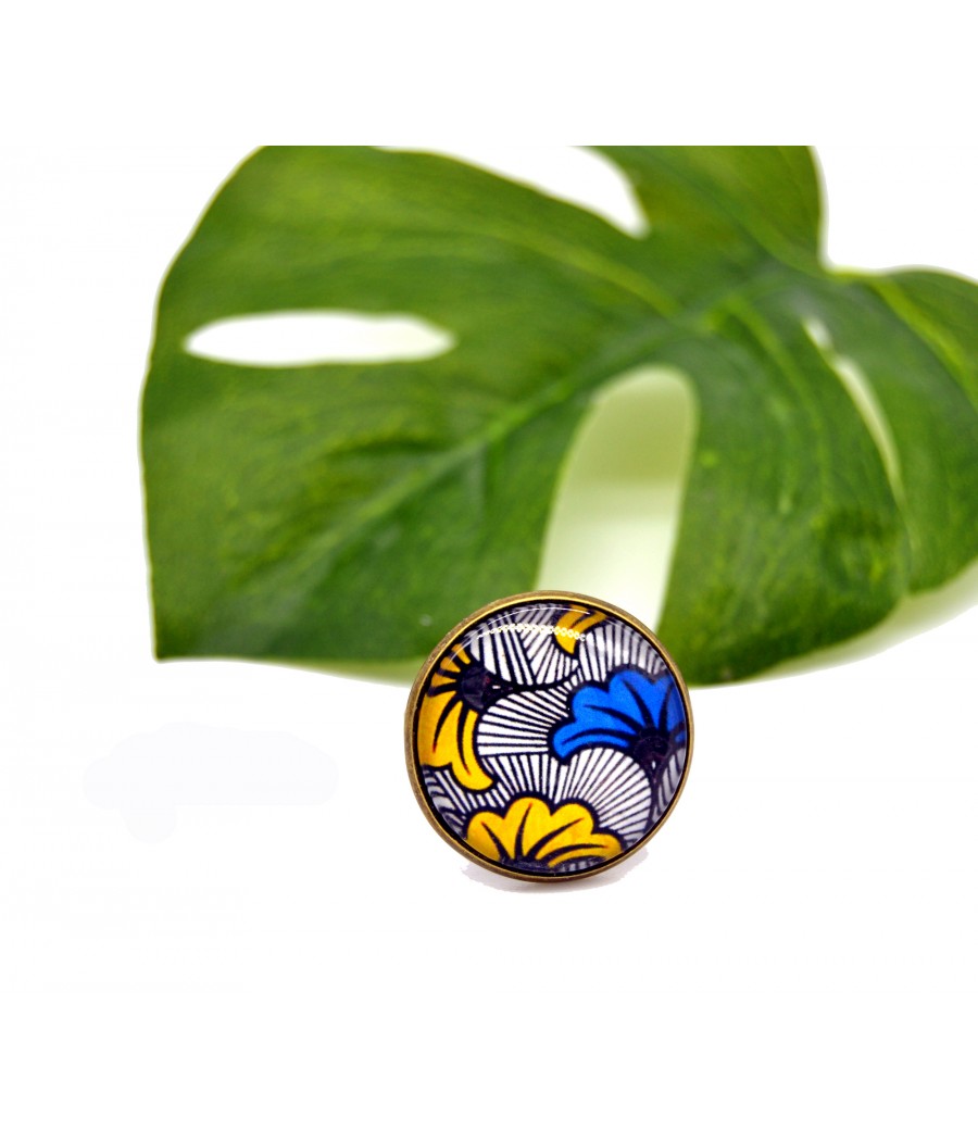 Bague Fleurs: Wax Jaune Bleu, Cabochon Rond en Verre