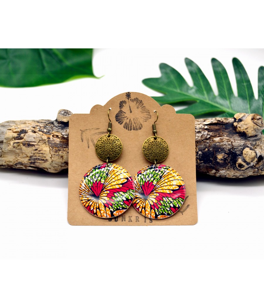 Boucles d'oreilles Ethniques: Fleur Wax Jaune Vert Bronze