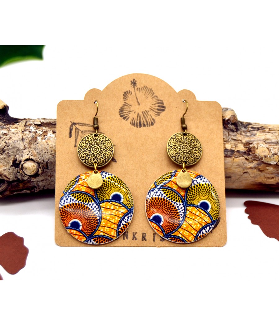 Boucles d'oreilles Wax Africain: Rondes Orange Vert Marron en Résine