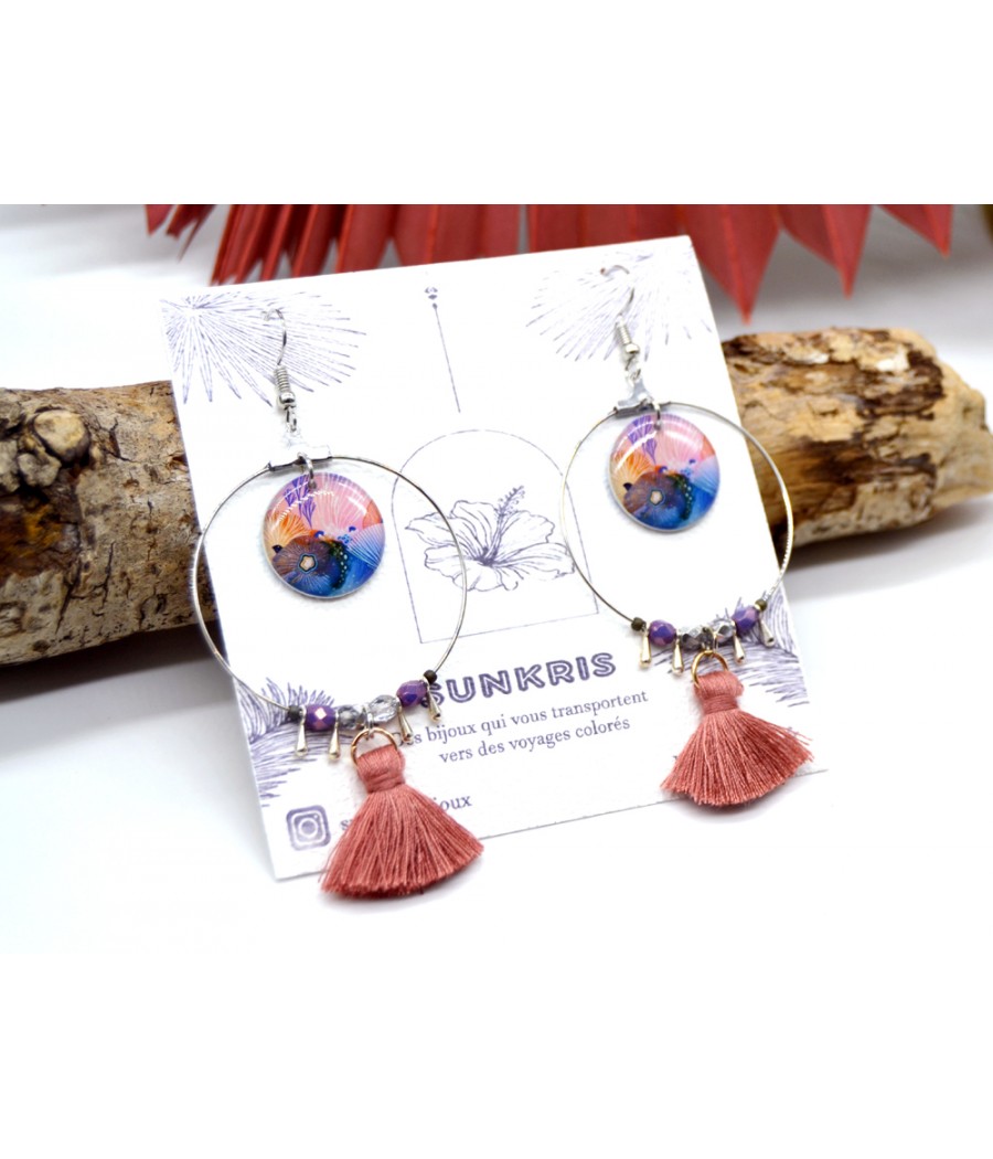 Élégantes boucles d'oreilles créoles : Motifs fleurs d'aquarelle bleu rose orange