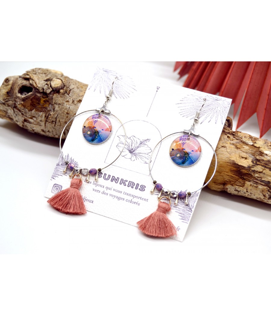 Boucles d'oreilles créoles avec pompons : Motifs fleurs d'aquarelle bleu rose orange