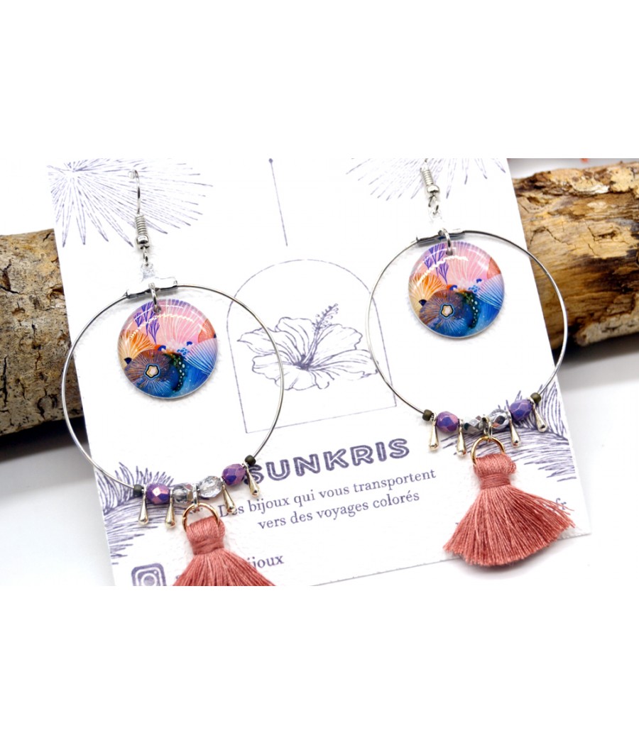 Boucles d'oreilles créoles : Motifs fleurs d'aquarelle avec finition argent