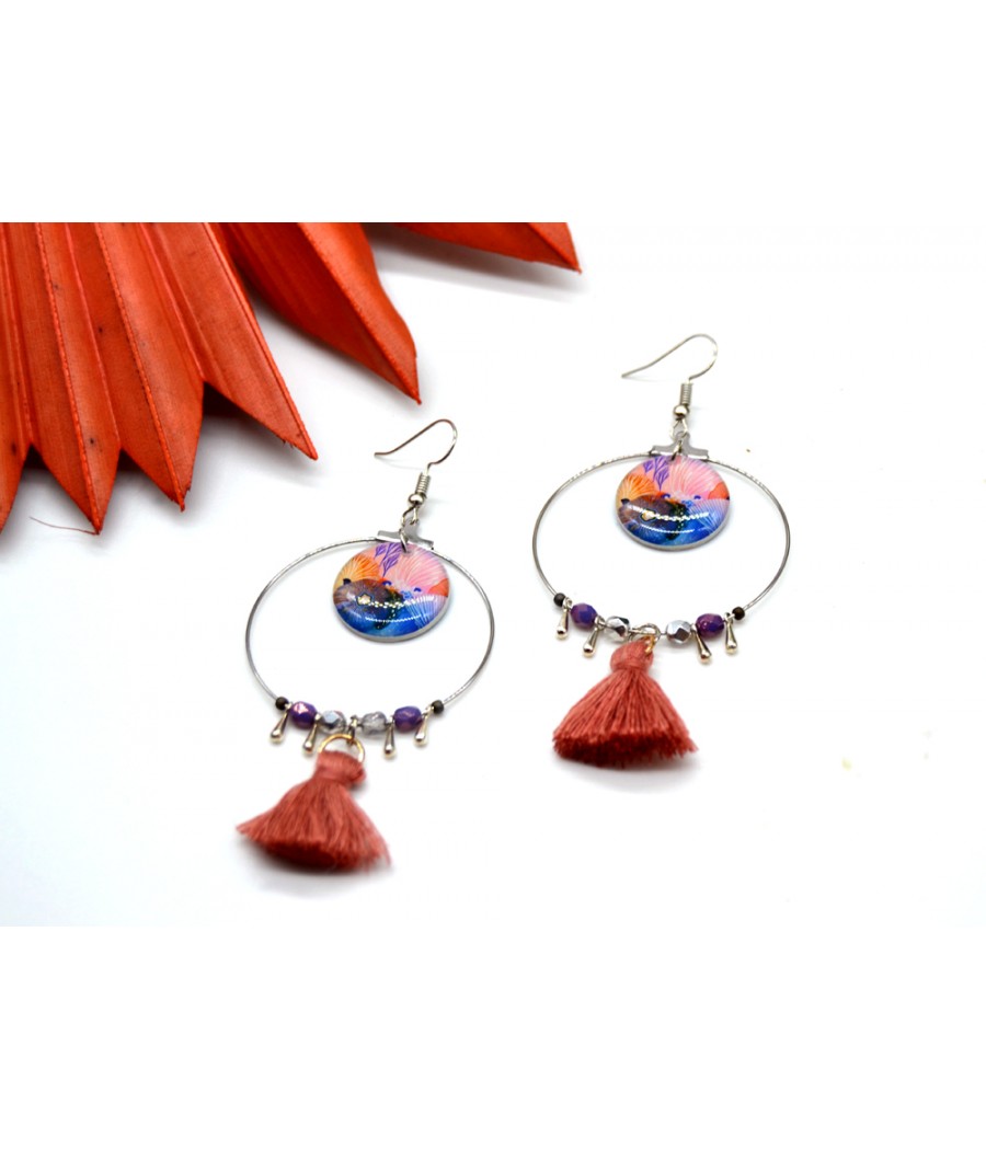 Boucles d'oreilles créoles : Motifs fleurs d'aquarelle bleu rose orange