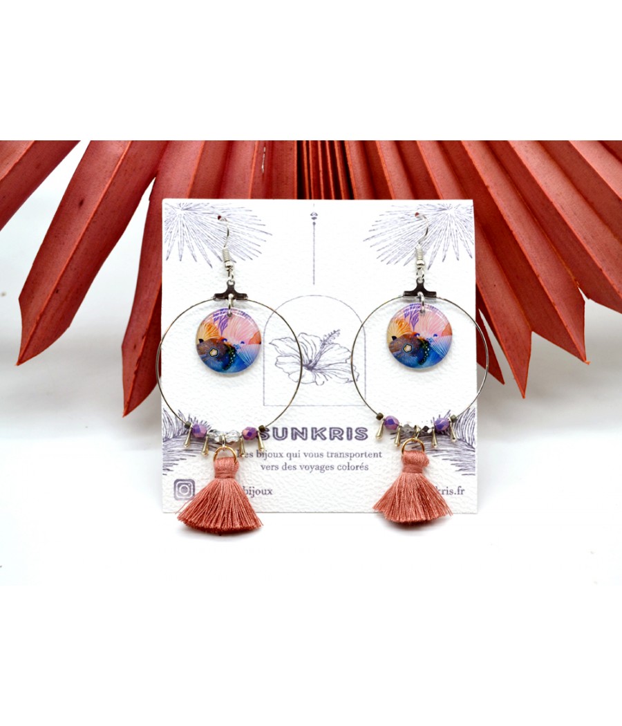 Boucles d'oreilles créoles en résine : Motifs fleurs d'aquarelle bleu rose orange