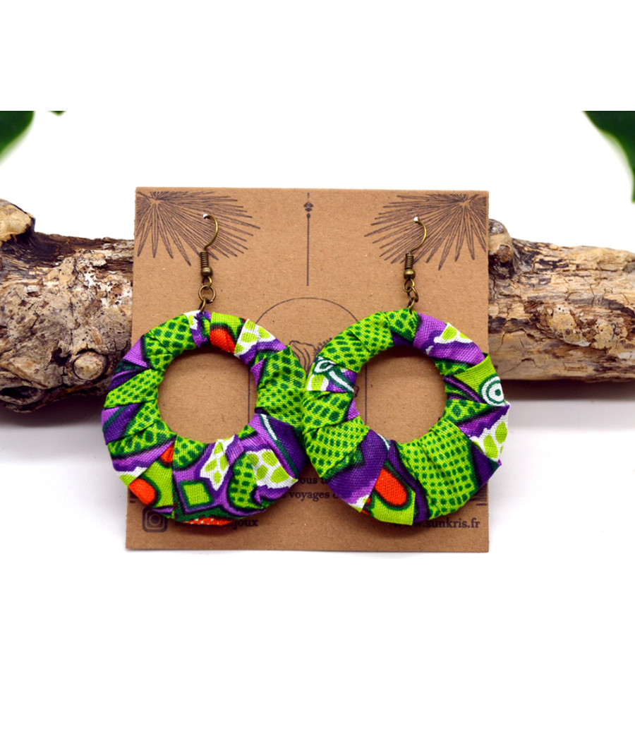 Boucles d'oreilles créoles africaines en tissu wax vert violet orange