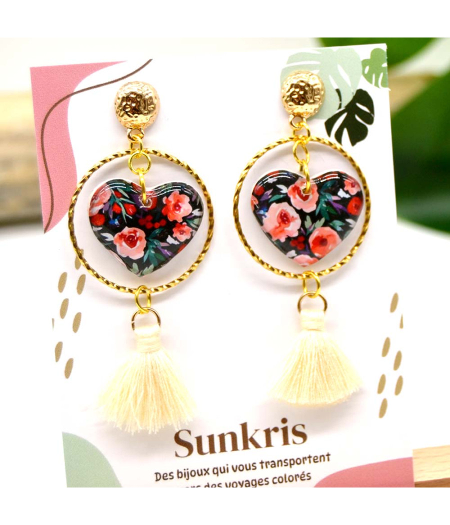 Boucles d'oreilles pendantes cœur noir à motifs floraux rouges