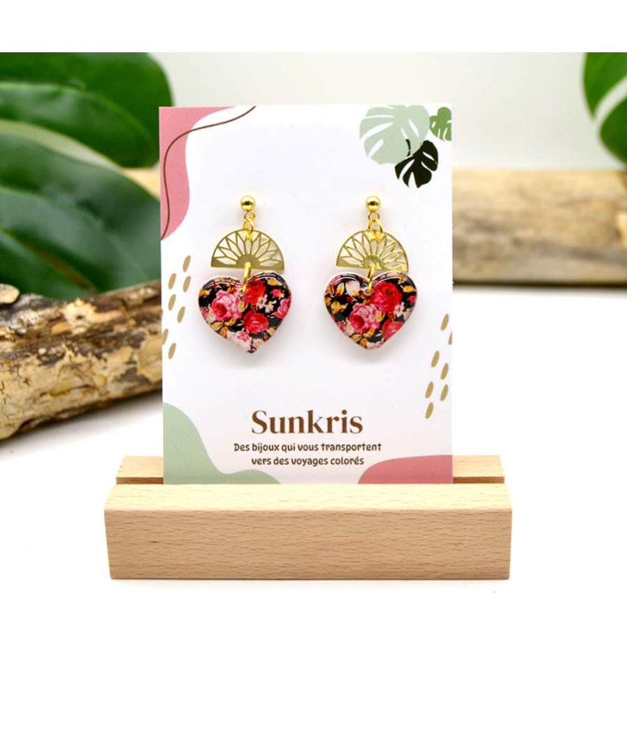 Boucles d'oreilles cœur fleuri avec éventail doré - Bijoux colorés Sunkris