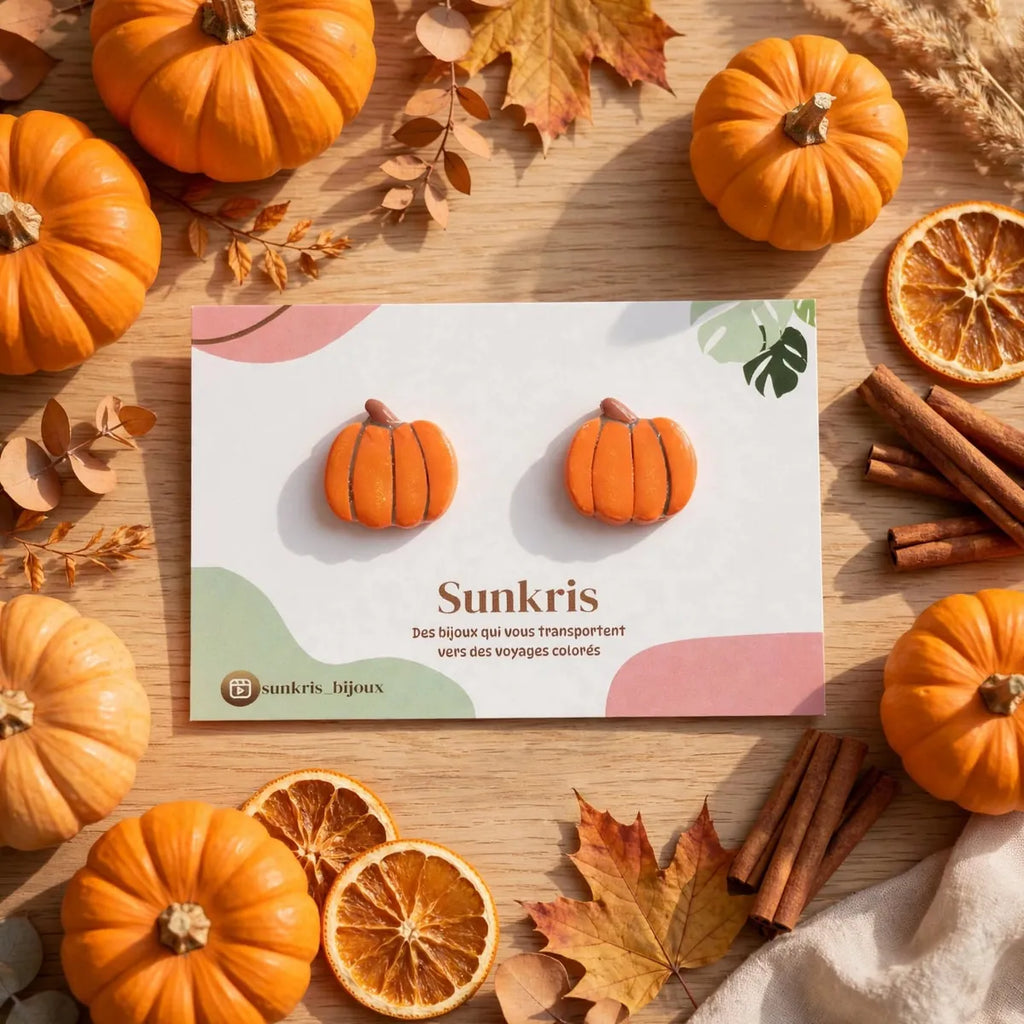 Puces d’oreilles citrouille orange en argile peintes à la main