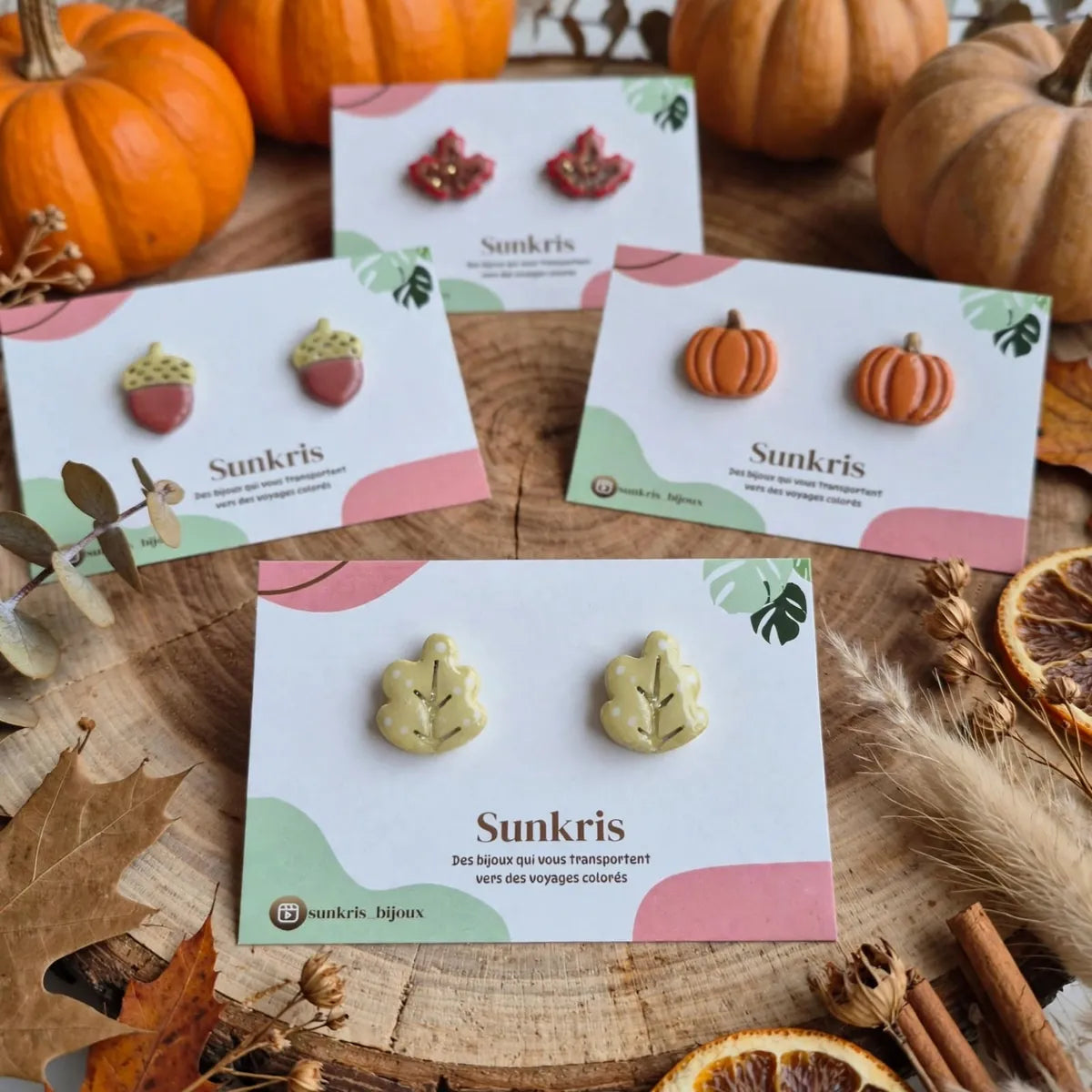 Collection de puces d’oreilles d’automne Sunkris : feuille de chêne, gland, citrouille et feuille d’érable