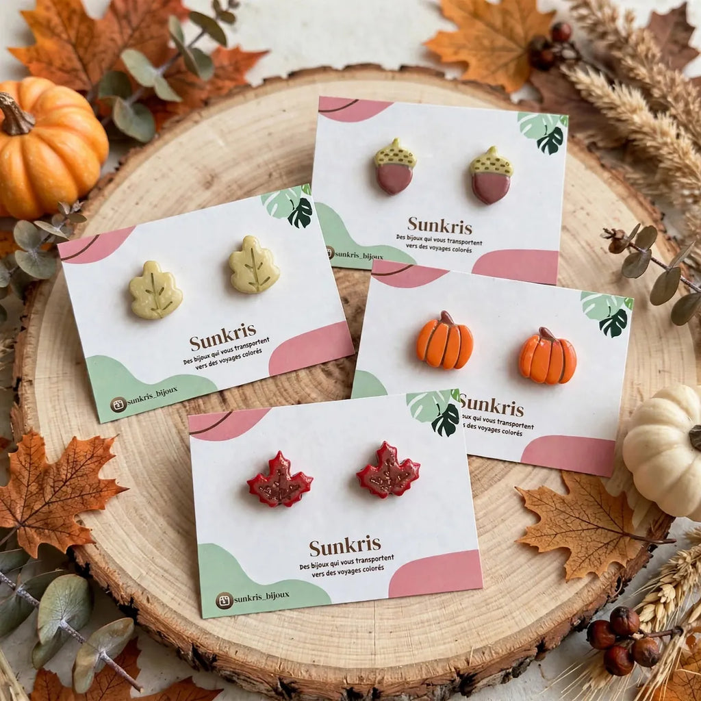Collection de puces d’oreilles d’automne Sunkris : feuille d’érable, feuille de chêne, gland et citrouille