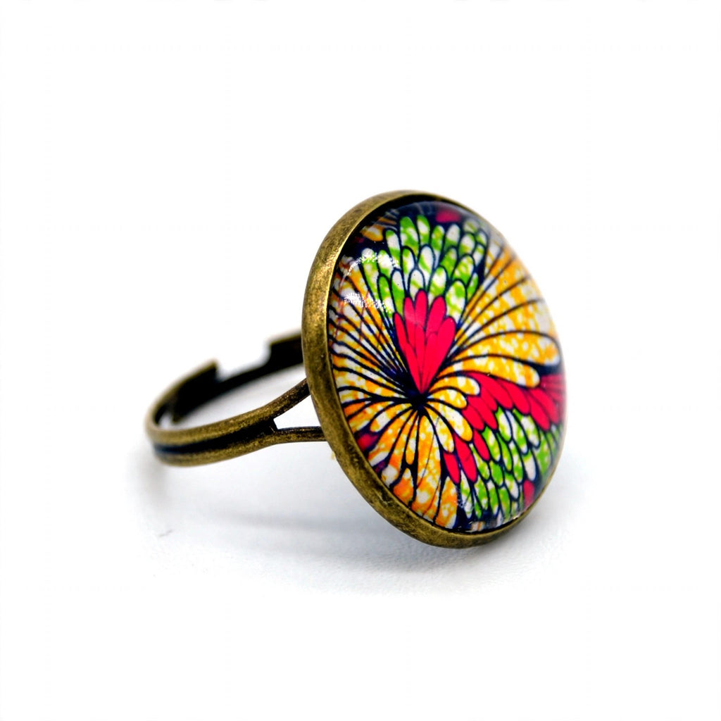 Bague wax fleurs vert, jaune et rose