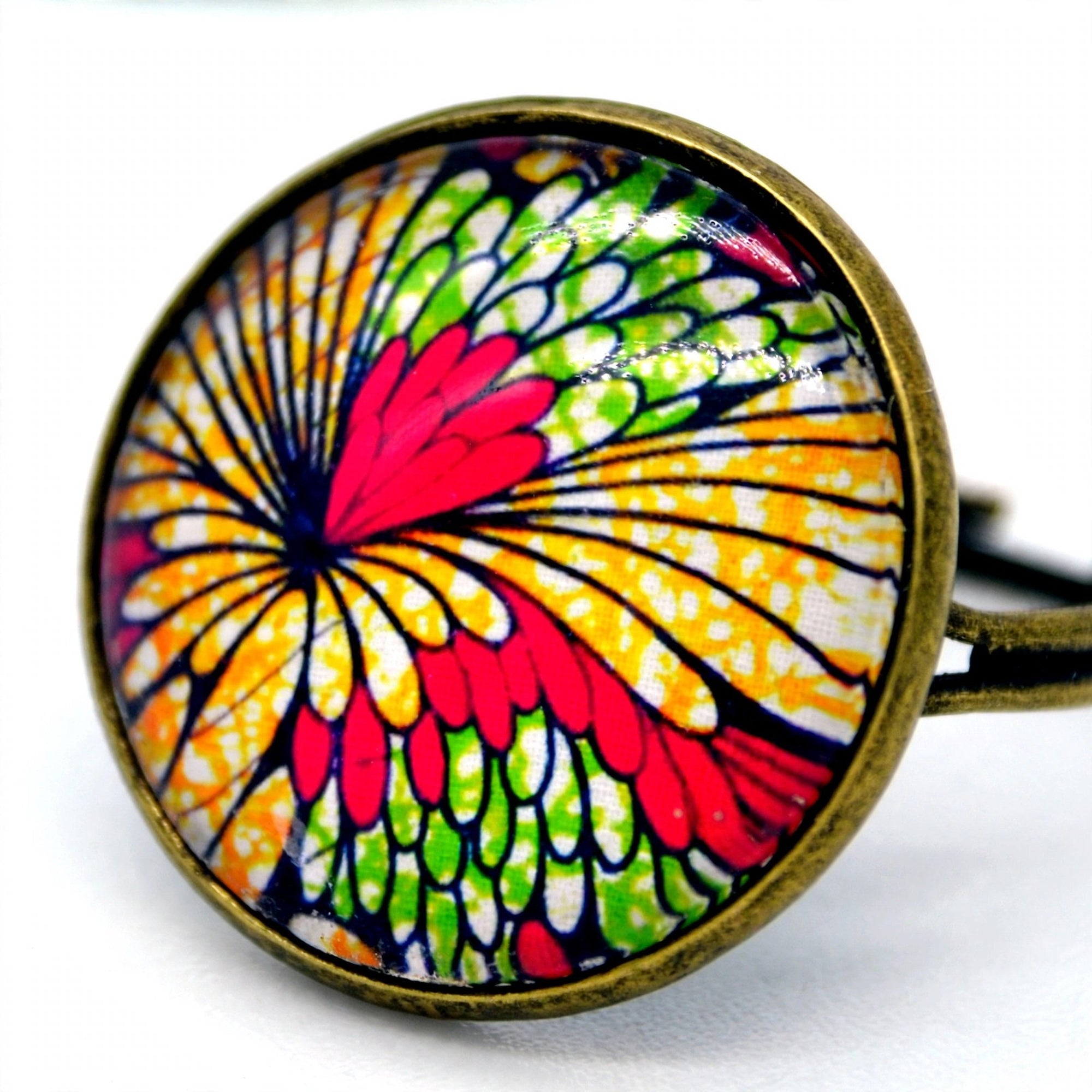 Bague wax fleurs vert, jaune et rose