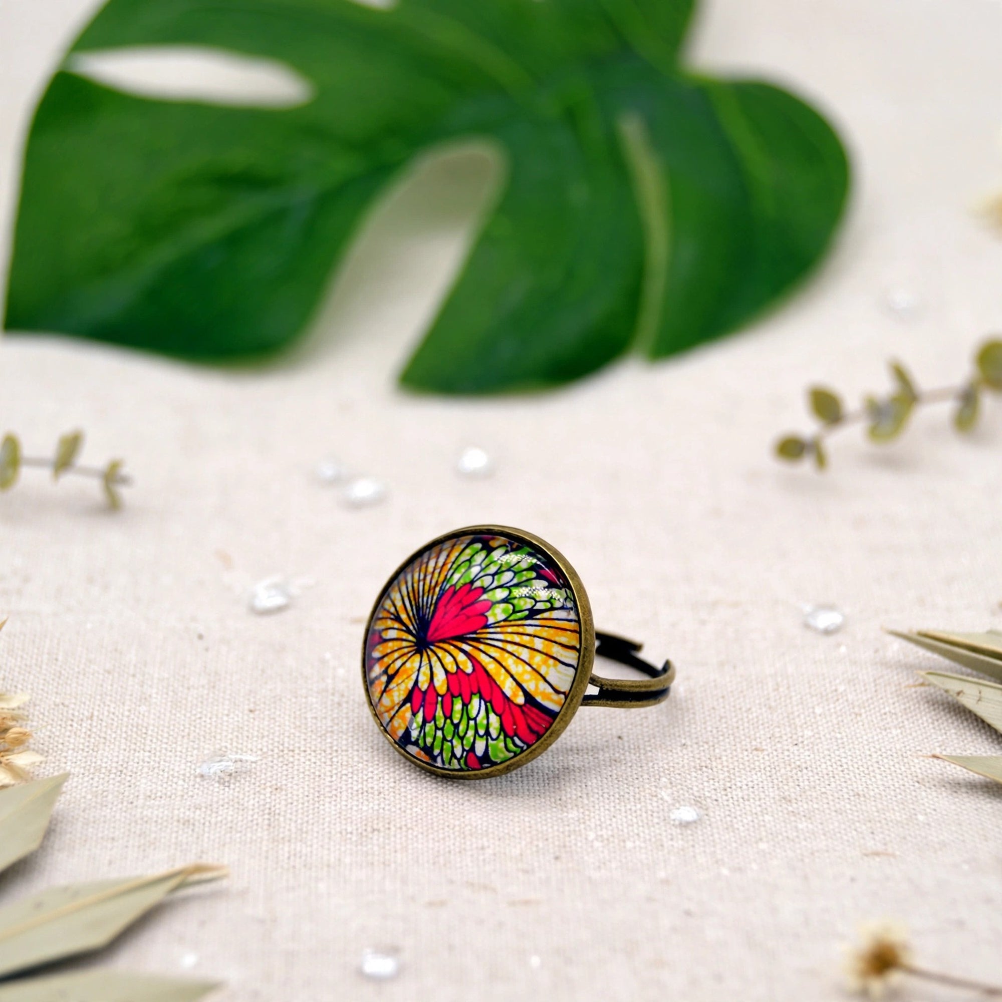 Bague wax fleurs vert, jaune et rose