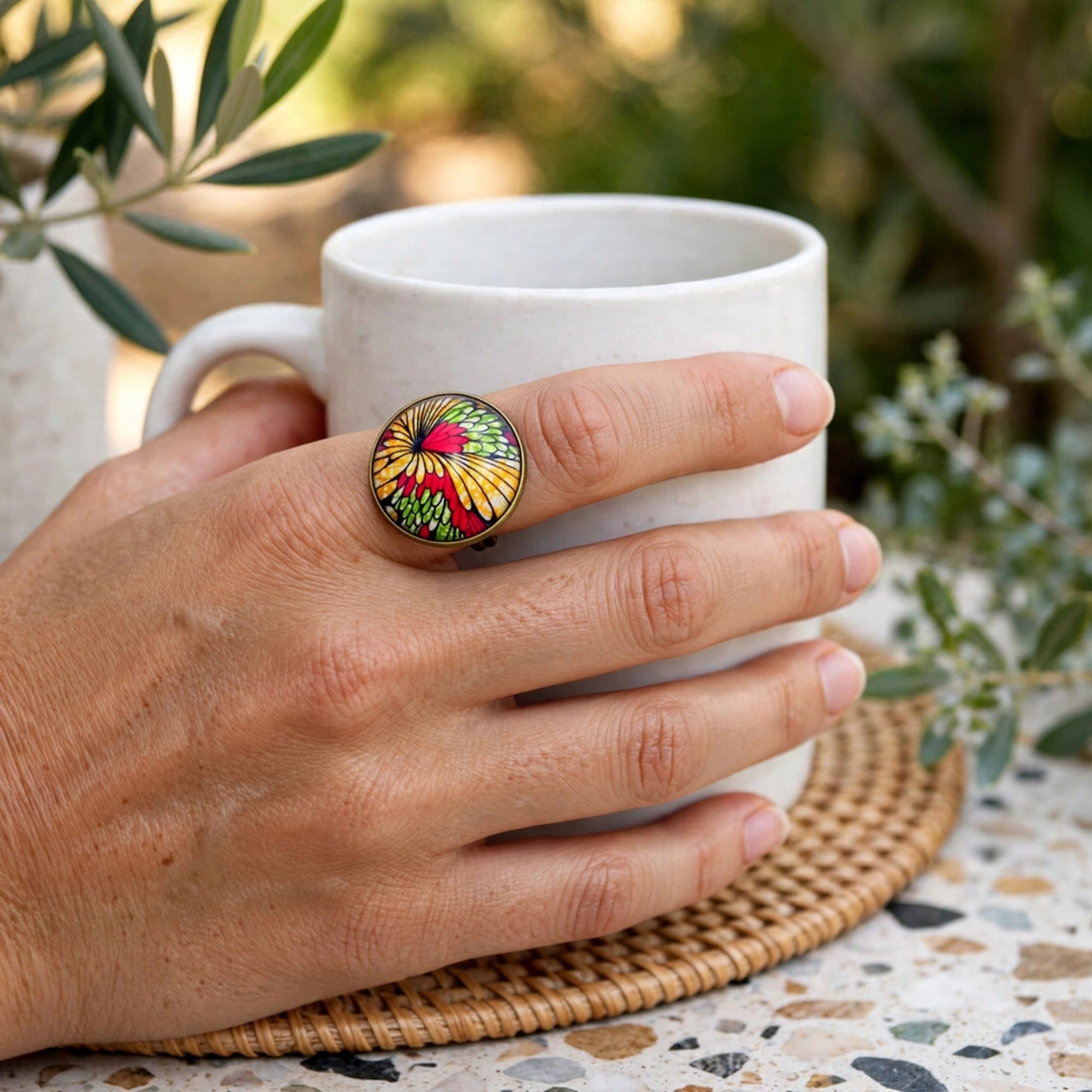 Bague wax fleurs vert, jaune et rose