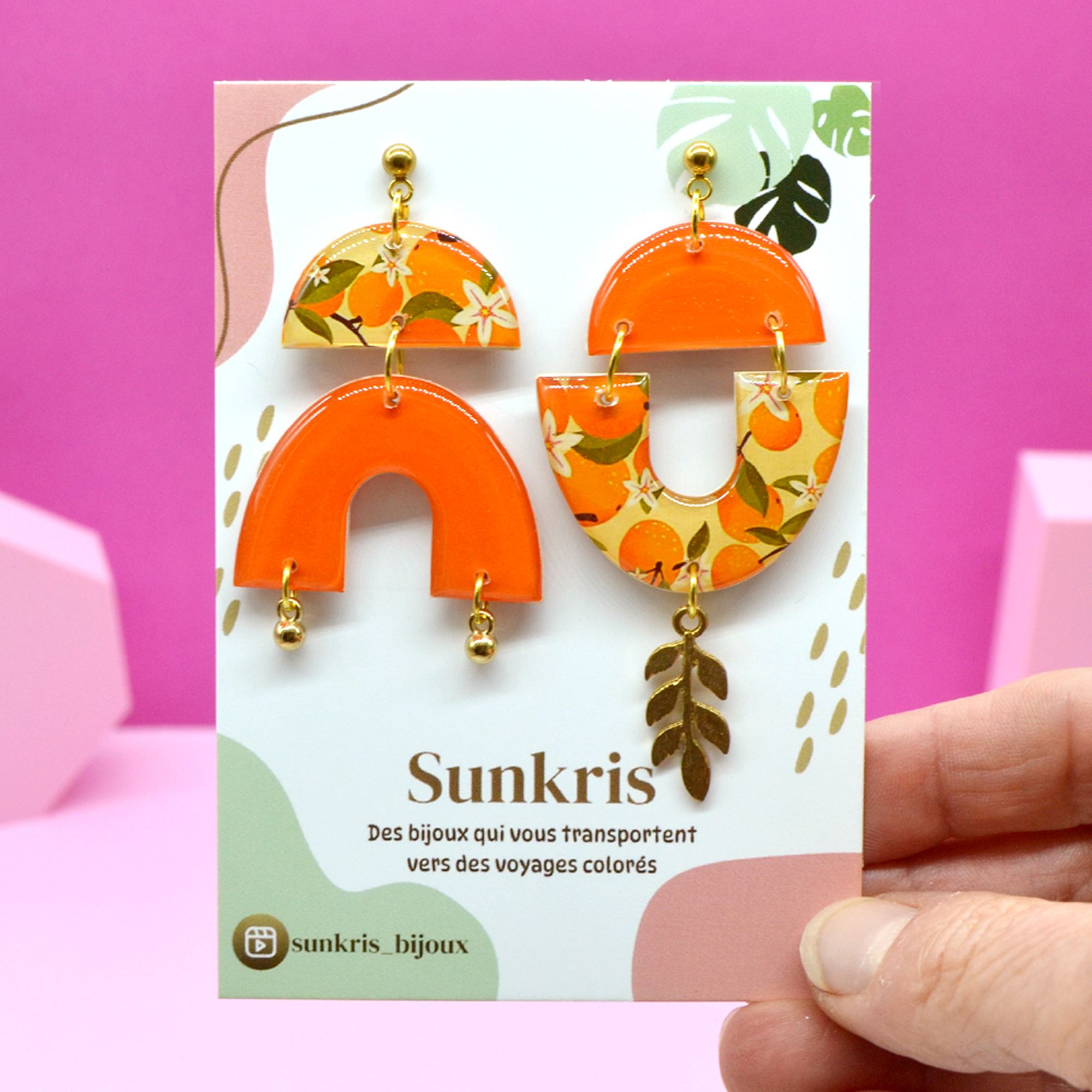 Boucles d'oreilles asymétriques motif fruit orange