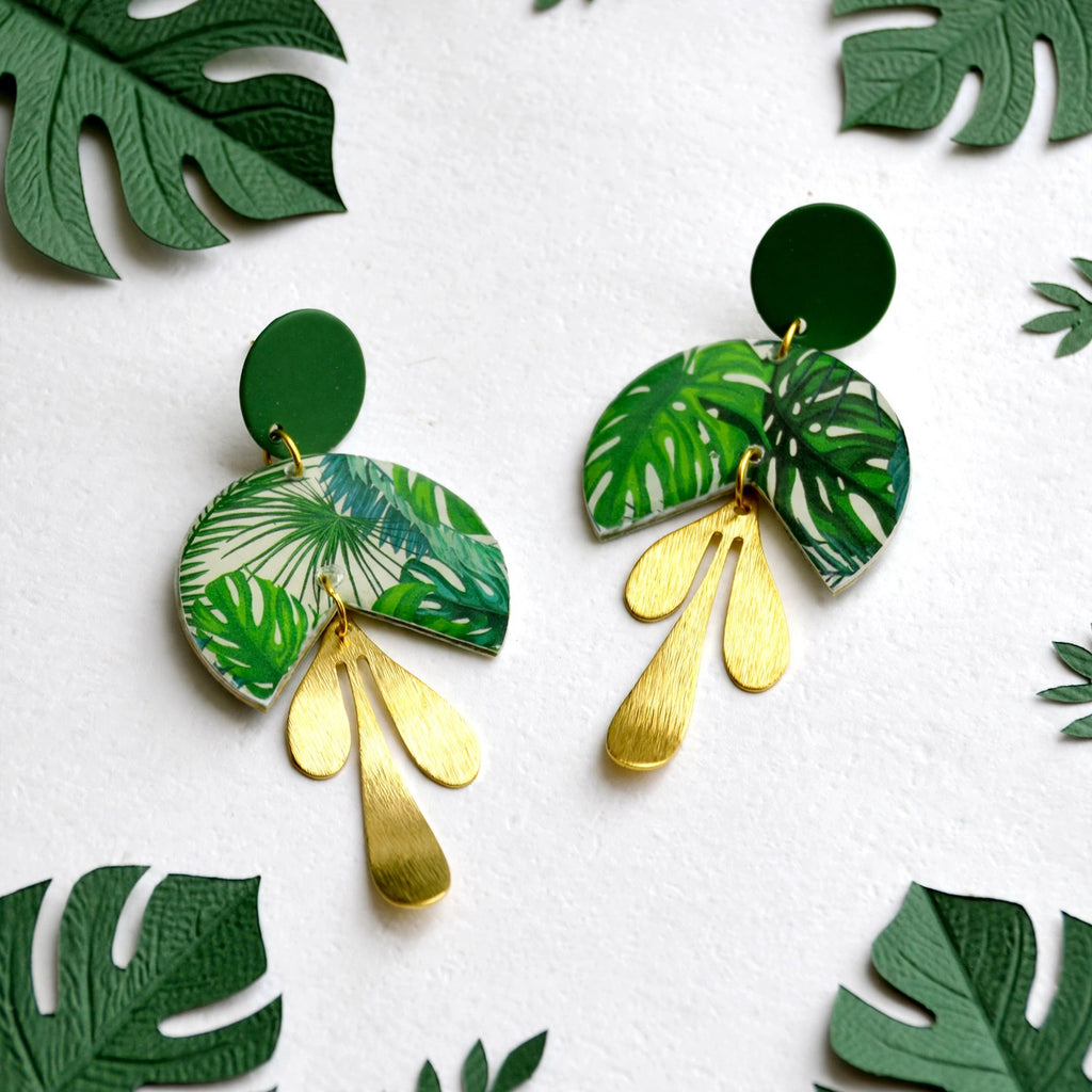 Boucles d'oreilles camembert monstera doré
