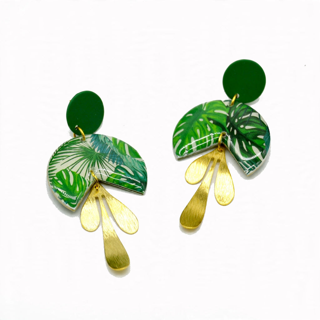 Boucles d'oreilles camembert monstera doré