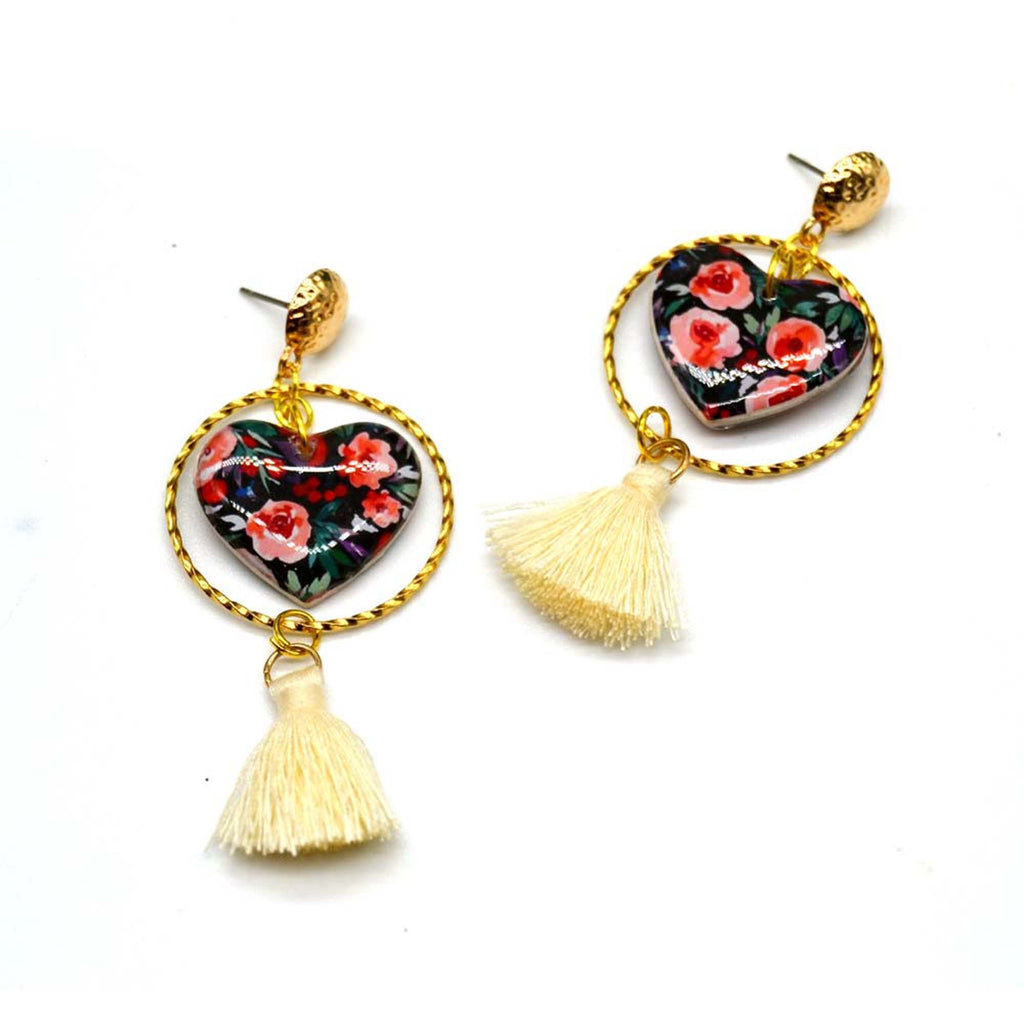 Boucles d'oreilles cœur pompon fleur