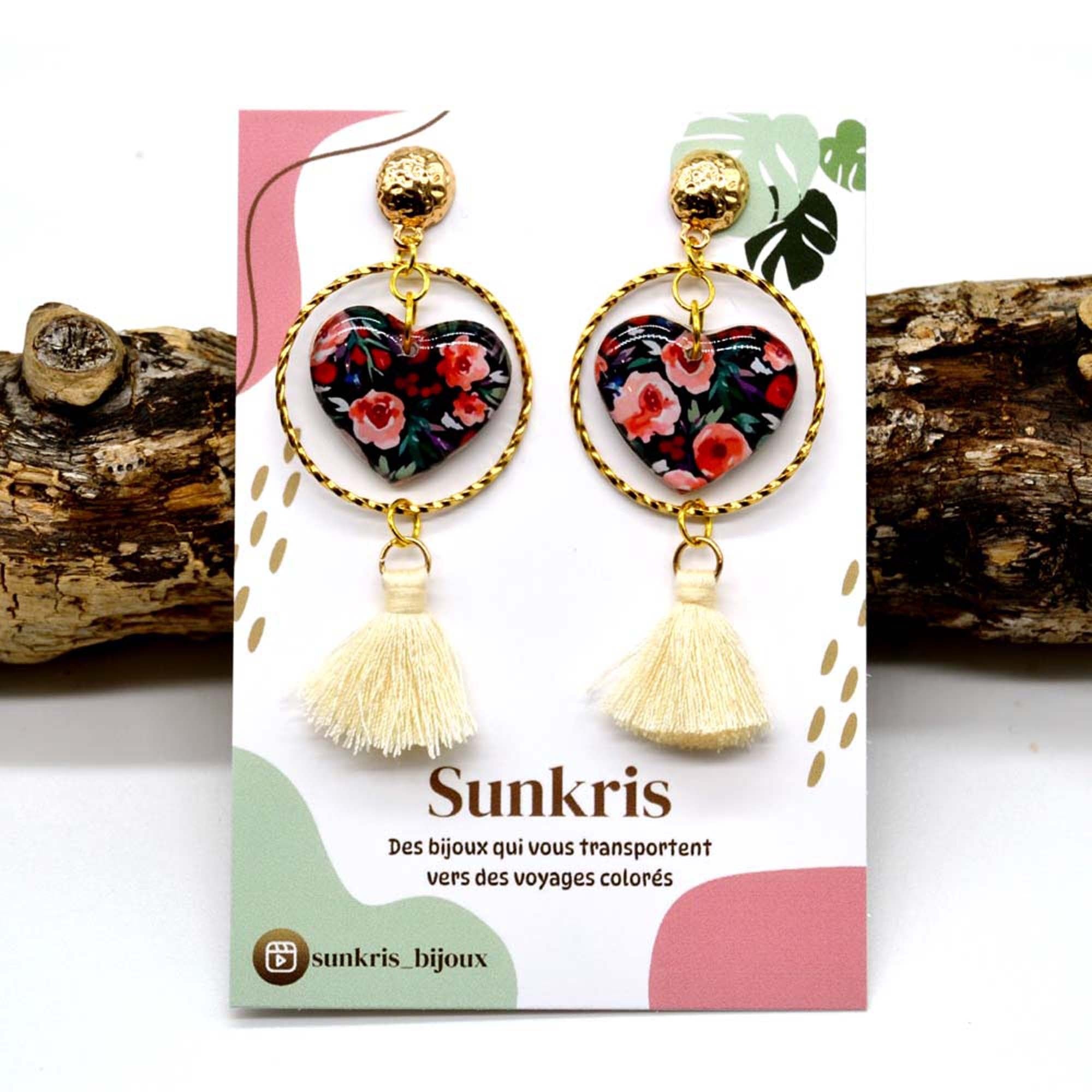 Boucles d'oreilles cœur pompon fleur