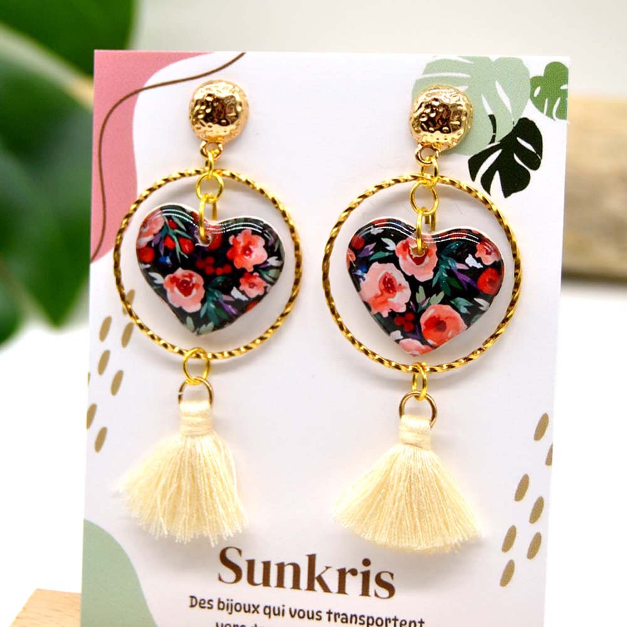 Boucles d'oreilles cœur pompon fleur