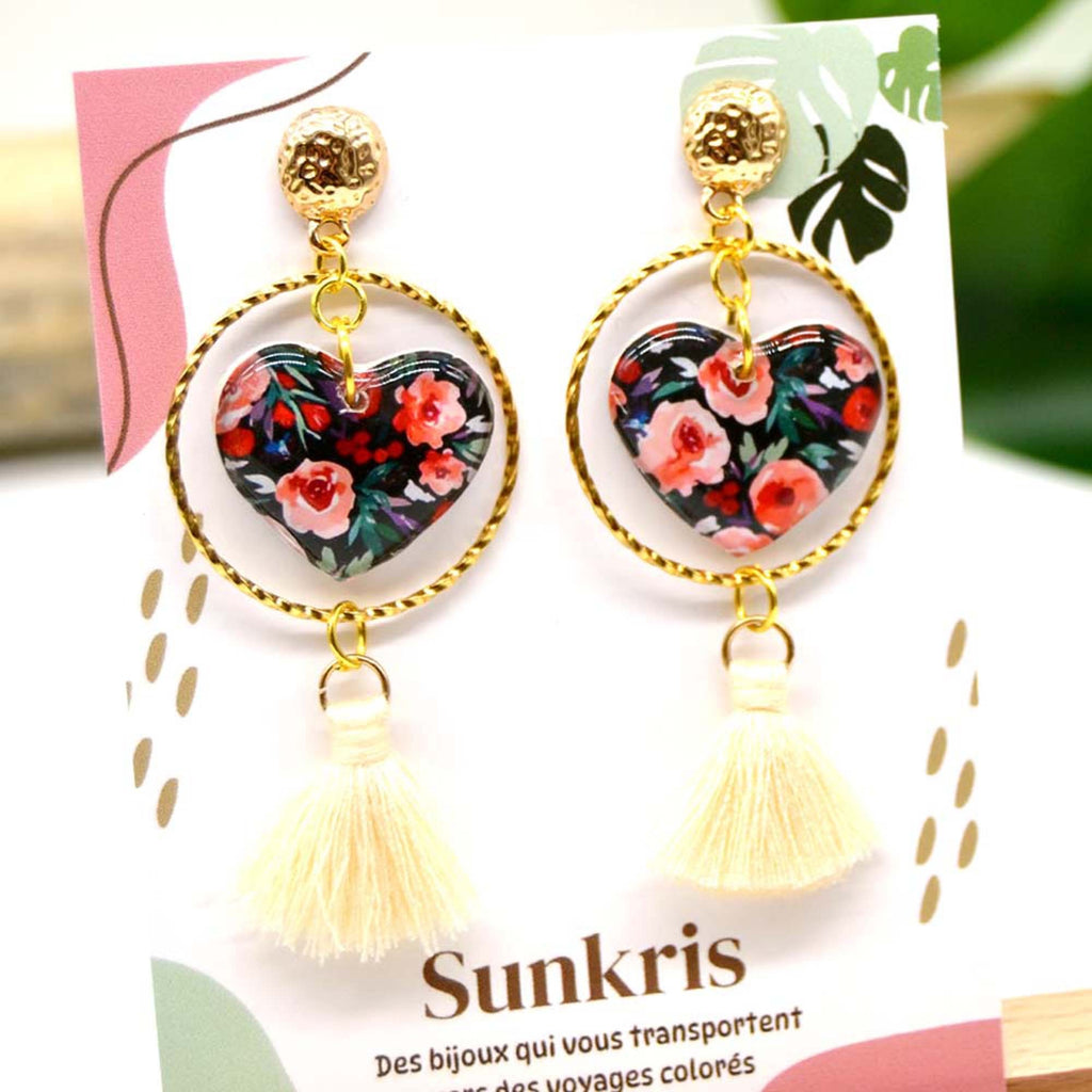 Boucles d'oreilles cœur pompon fleur