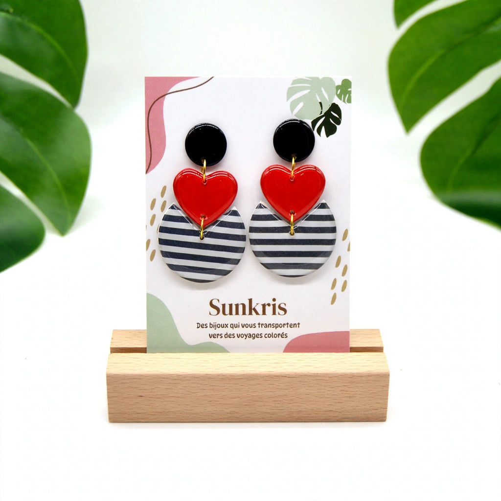 Boucles d'oreilles cœur rayures marinières